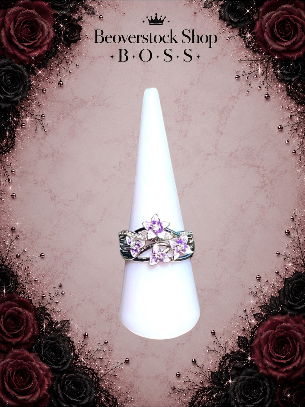New Elegant Sterling Silver Violet Flower Ring with Sparkling Crystal Accents